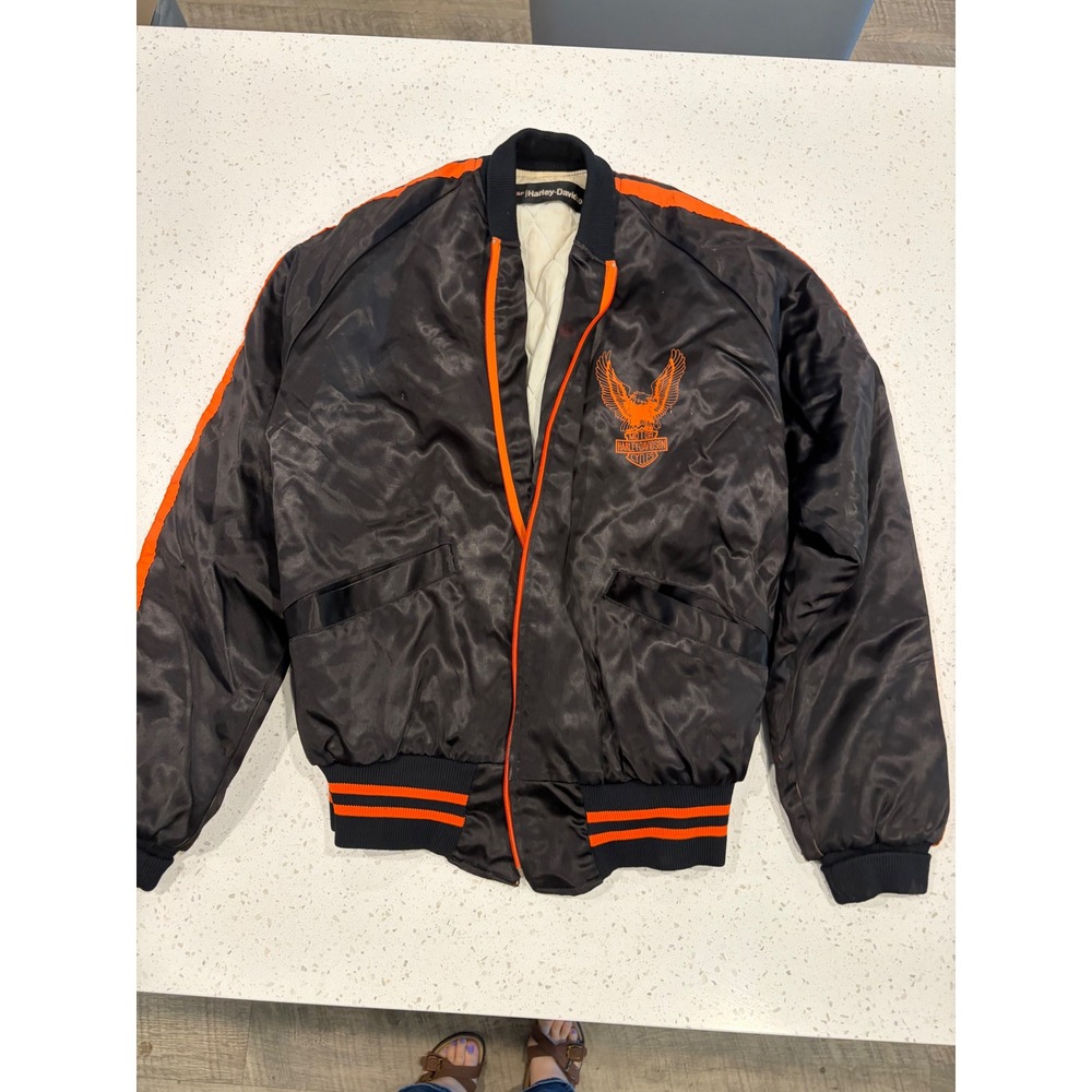 Vintage 70s AMF Harley Davidson Black Satin Bomber Jacket Orange Eagle Small